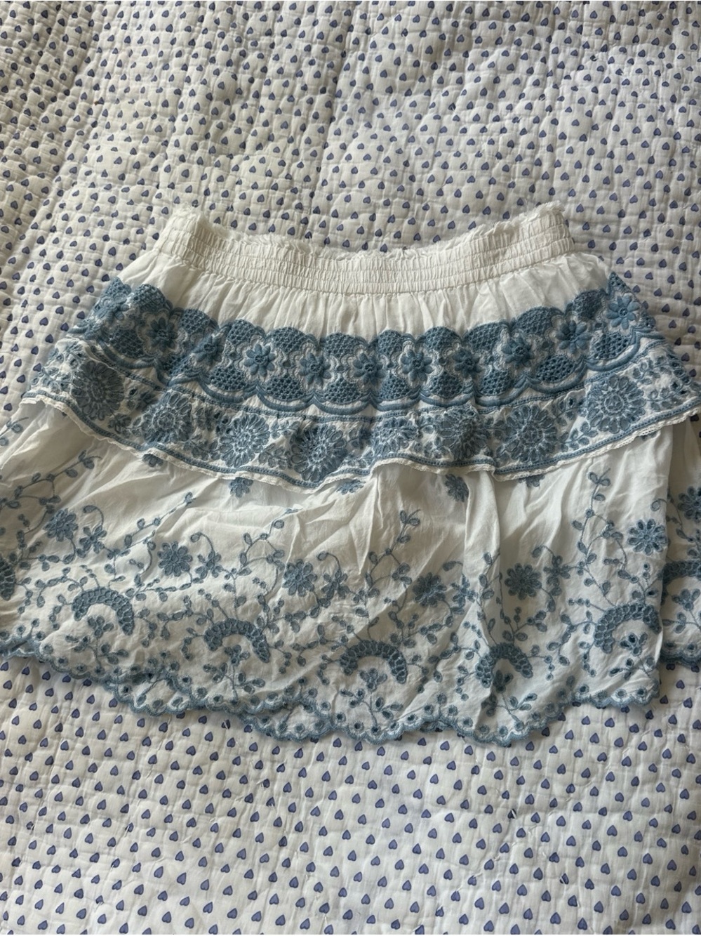 LoveShackFancy White Mini Skirt with Blue Floral Embroidery